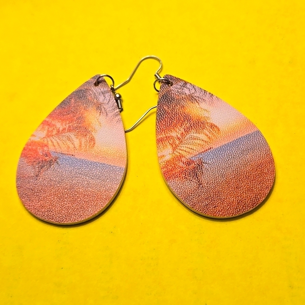 Beach Sunset Ocean Landscape Earrings Double-Sided Lightweight PU Leather Design
